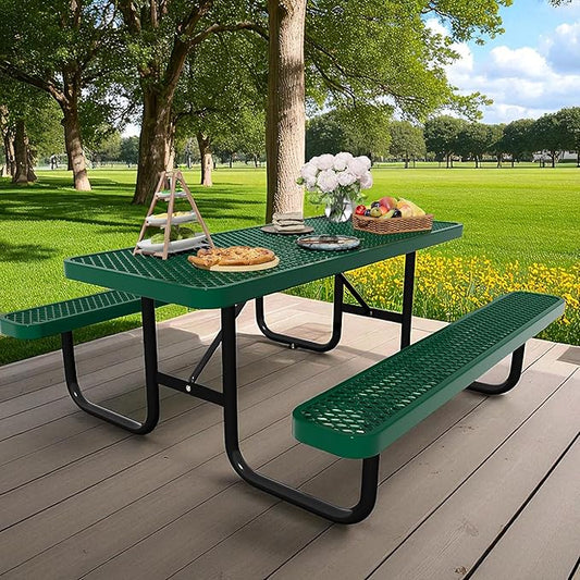 6FT Picnic Tables for Outdoors, Rectangular Commercial Metal Picnic Table Bench Set with Umbrella Hole,Heavy Duty Steel Weather-Resistant Dining Table for Patio Dining Garden Backyard BBQ School