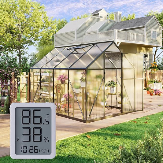 6x7.5FT Outdoor Greenhouse, Polycarbonate Green House, Small Walk-in Greenhouse with Vented Roof Window, Windproof Aluminum Frame with Hygrometer , Suitable for Gardening