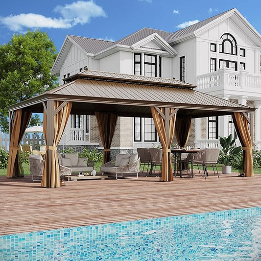 GAZEBEST 12' X 22' Hardtop Gazebo, Outdoor Galvanized Steel Double Roof Permanent Aluminum Frame Pavilion Pergola Canopy with Privacy Curtains for Garden, Patio, Backyard, Deck and Lawns.