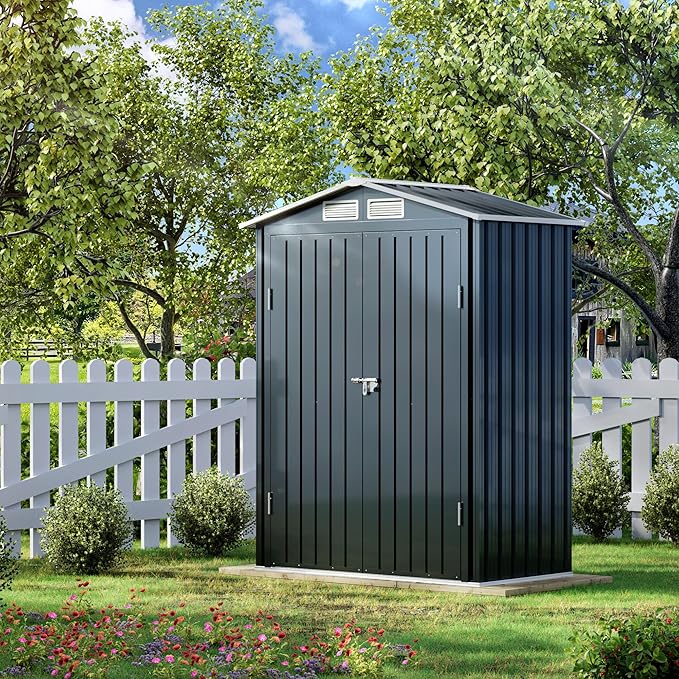 5x3X6.3FT Outdoor Steel Storage Shed with Lockable Doors and Frame Floor, Compact Small Bike Shed, Ideal for Garden, Backyard, Swimming Pool, Patio Utility and Tool Storage, Dark Blue