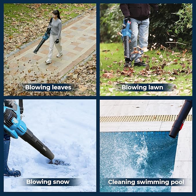 Dong Cheng Brushless 20V Leaf Blower, 485 CFM Variable Speed & Turbo Mode, Cordless Leaf Blower with 3 Nozzles, Shoulder Strap, 4.0Ah Battery and Charger, Blowing Leaves for Patio, Lawn & Garden