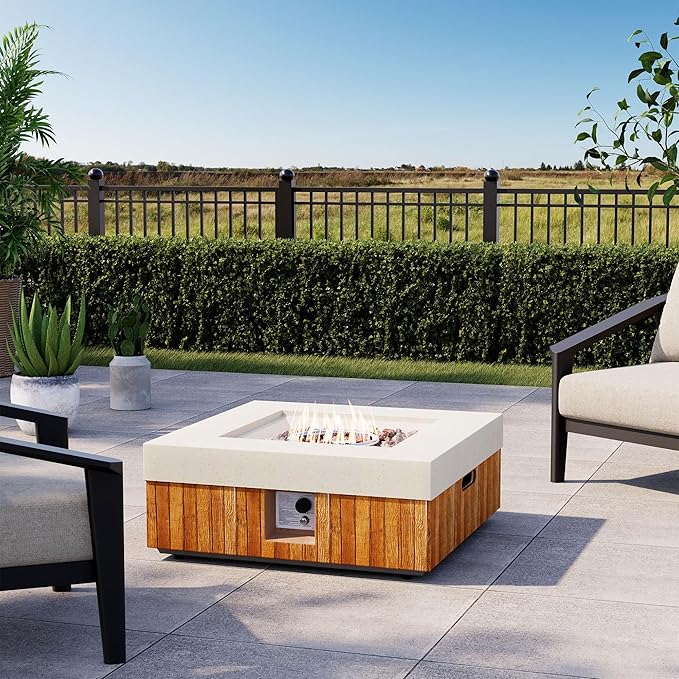 COSIEST 28" Outdoor Propane Fire Pit Table, Small Square Gas Fire Pit Table with Concrete & Log Wood Grain Design, 50000BTU Fire Tables for Patio, Backyard, Garden Heating