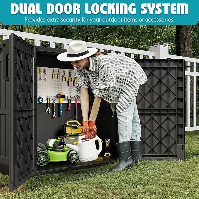 Horizontal Resin Storage Shed 36 Cu Ft with Lockable Doors, Portable Outdoor Storage Cabinet -Waterproof Outdoor Storage Box for Backyards, Easy to Assemble Black
