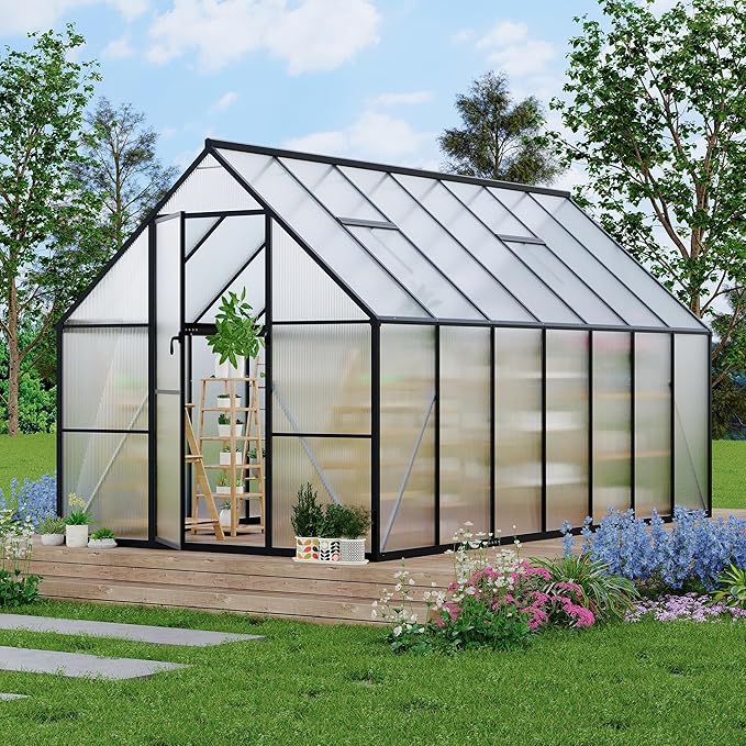 Polycarbonate Greenhouse for Outdoors, Large Walk-InGreenhouse with Quick Setup Structure and Roof Vent, Greenhouse with Ventilation and Rain Gutter