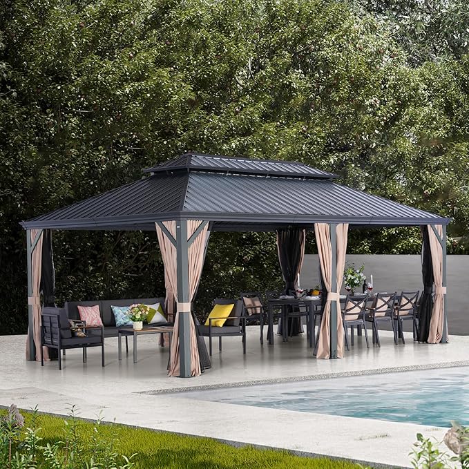 LeDoasis Blazar 12' X 20' Hardtop Gazebo, Outdoor Aluminum Canopy with Permanent Galvanized Steel Double Roof with Netting & Curtain for Patio Lawn and Garden