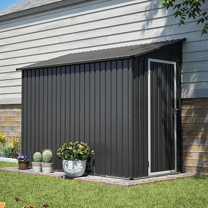 4x8 FT Lean to Metal Shed,Outdoor Storage Shed W/Floor Frame & Reversible Installation,All Weather Waterproof Garden Tool House W/Lockable Door & 2 Air Vents,for Backyard,Patio,Lawn,Black