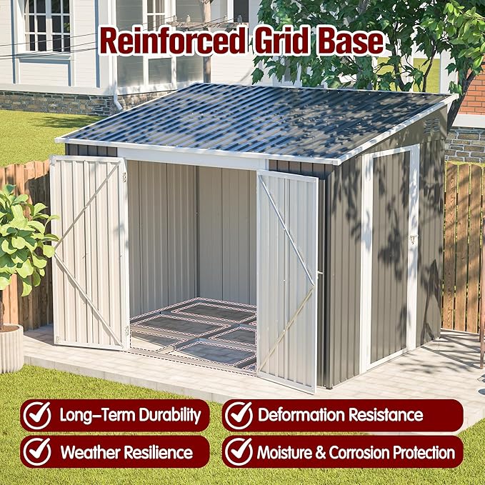 8x6FT Lean to Shed with Floor Frame, Metal Outdoor Storage Shed with Two Separate Doors for Garden Backyard Patio, Large Tool Shed for Bicycle&Lawn Mower Storage