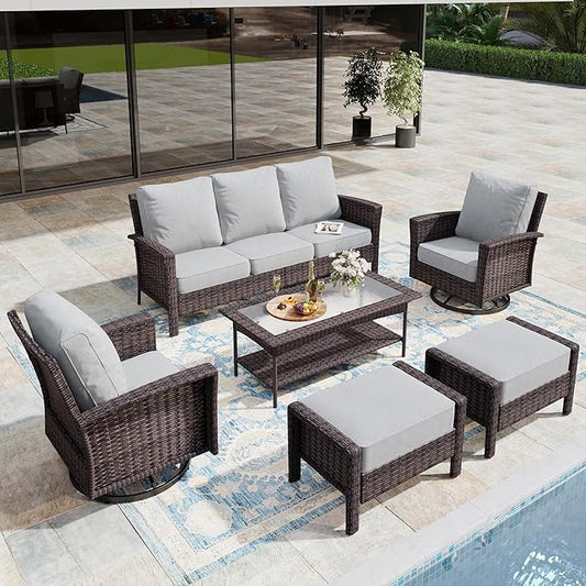 6-Piece Wicker Patio Furniture Set with Swivel Chairs, High Back Outdoor Furniture with 5.5-inch Thick Cushion and Ottoman, All-Weather Wicker Patio Conversation Set for Deck Yard Pool, Grey