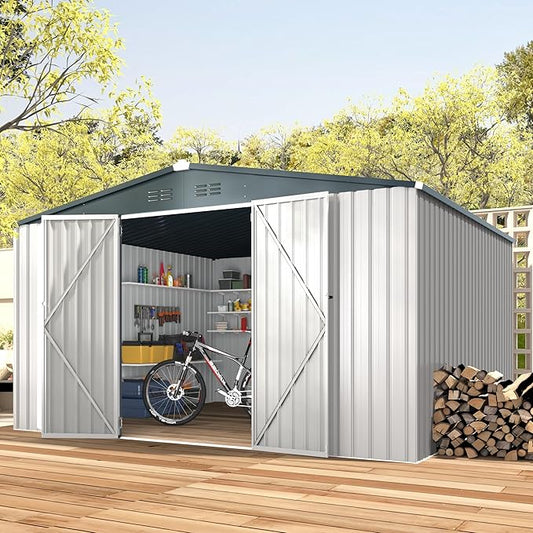 AECOJOY Shed 10'x12' Storage Shed Large, Sheds & Outdoor Storage Clearance 12x10 Sheds with Lockable Doors, Utility and Tool Storage Shed for Garden, Backyard, Patio, Outside use in White