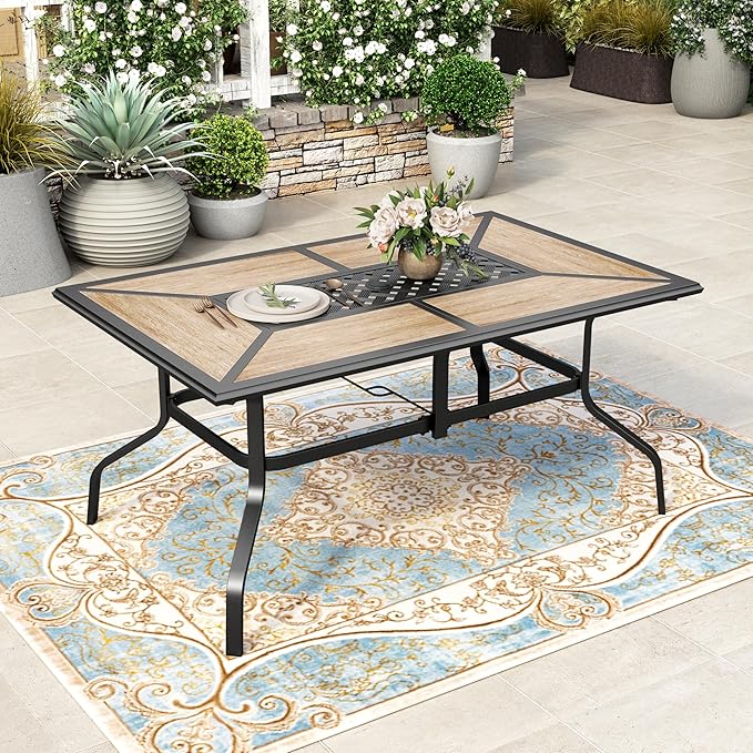 HERA'S HOUSE Patio Dining Table with Umbrella Hole for 6, Rectangle Outdoor Metal Table for Lawn Garden Backyard