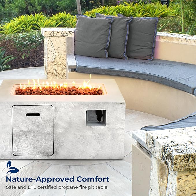 SereneLife Outdoor Propane Fire Pit Table - Square Gas Firepit with 50,000 BTU Heat, Stainless Steel Burner, Flame Control, Weather-Resistant Design, and PVC Cover for Patio or Backyard, 42"x20"x24"