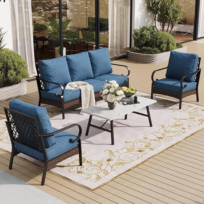 4 Piece Metal Outdoor Patio Furniture Set, Patio Conversation Sets 1 3-Seater Sofa, 2 Chairs with 5.75" Extra Thick Cushion and Coffee Table, Black Frame Backyard Furniture, Blue-2