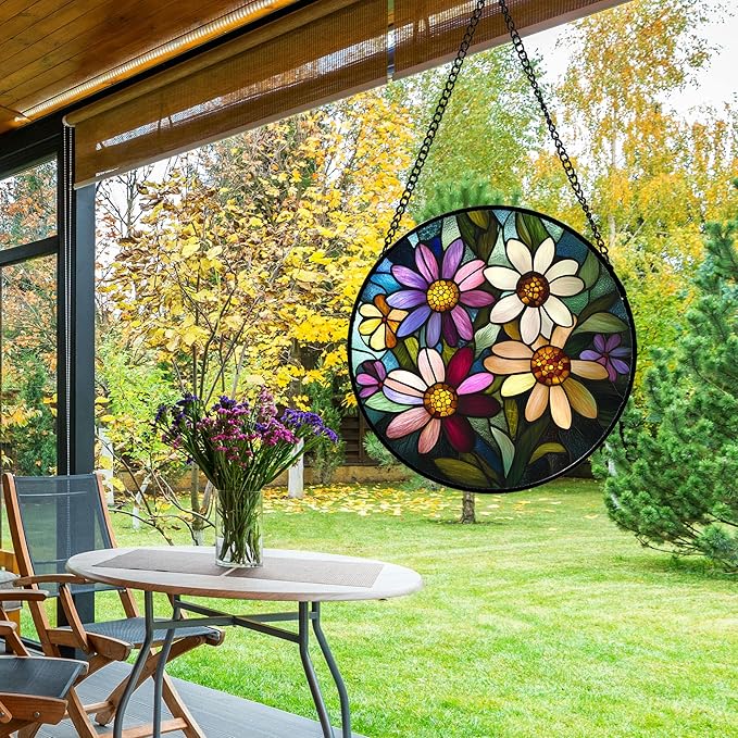 CRISGIF Stained Glass Window Hanging - Colorful Daisies Suncatcher for Door Garden Patio Retro Flower Sun Catchers Decor Christmas Mother's Day Birthday Gifts for Women Mom Nana Aunt Friend 6.3 in