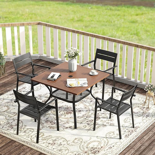 VICLLAX 37.8" Square Outdoor Patio Table, All Weather Metal Outdoor Dining Table for Lawn Garden, Walnut Wood-Like Tabletop