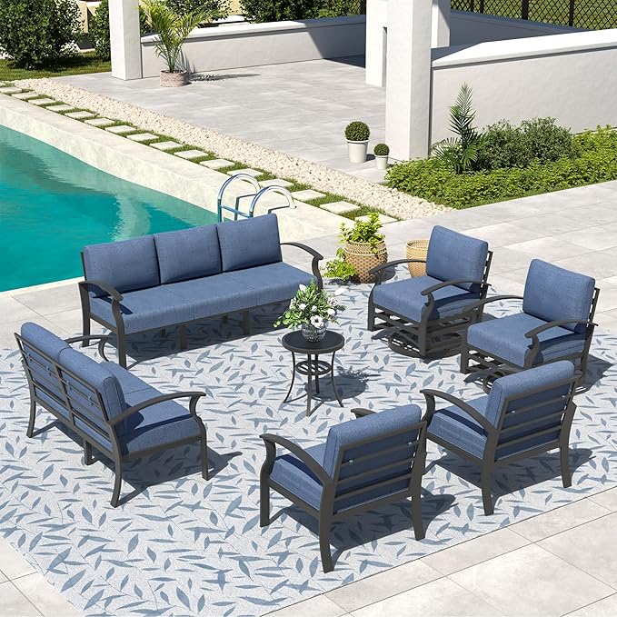 Aluminum Patio Furniture Set, 9 Seats Outdoor Patio Conversation Set with Swivel Chair Modern Metal Patio Sectional Sofa with Upgrade Cushions for Patio, Backyard Navy