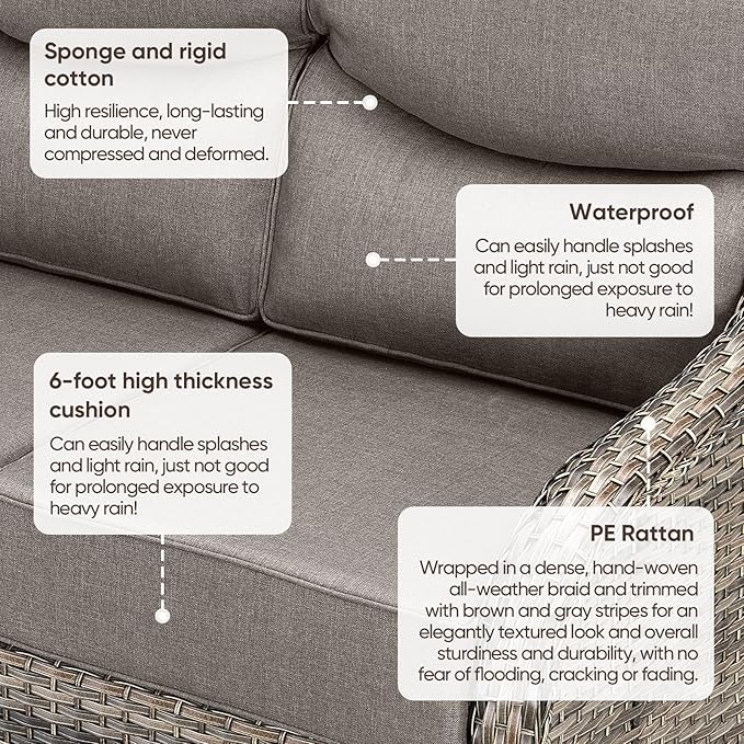 Luxury Patio Sofa 3-Seat Wicker Couch with 6" Thick Cushion - Outdoor Furniture Rattan Sofa with Deep Seating High Back for Patio Garden Balcony Sunroom Backyard, Grey | Grey