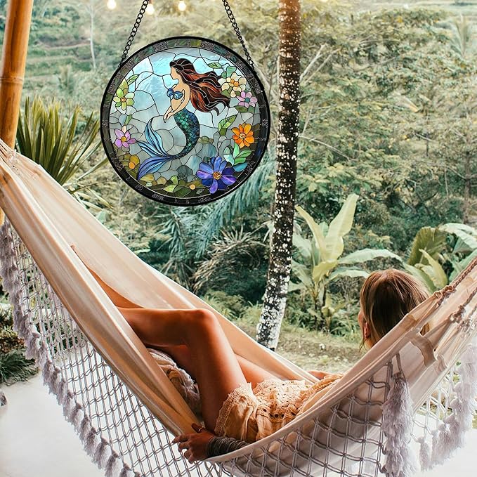 JOSUMALY Stained Glass Window Hanging - Light Blue Mermaid Suncatcher for Door Terrace Garden Home Decor, Ocean Flowers Sun Catcher Birthday Gifts for Lovers Women Men Dad Mom Nana 7.8 in