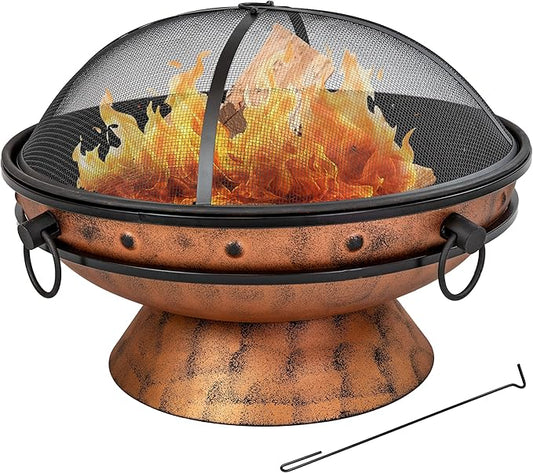 Sunnydaze 30-Inch Large Outdoor Fire Pit - Wood Burning Fire Pit for Outside with Poker and Screen - Copper Finish - Royal Cauldron