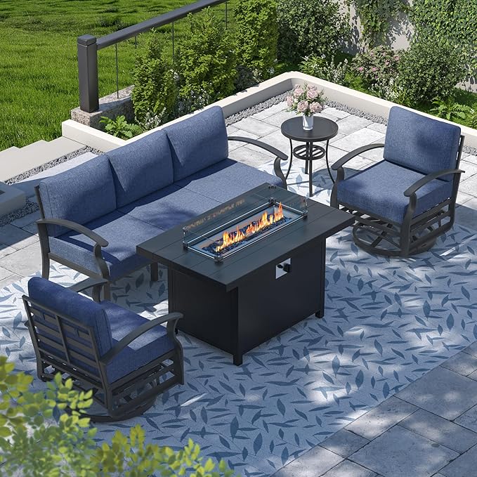 Aluminum Patio Furniture Set with Fire Pit Table, 5 Seats Outdoor Patio Conversation Set with Swivel Chair Modern Metal Patio Sectional Sofa with Upgrade Cushions for Patio, Backyard Navy