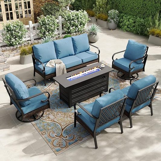 HERA'S HOUSE 6 Piece Metal Patio Furniture Set with 56" Fire Pit Table, All Weather Outdoor Conversation Set 7 Seats, 3 Seat Sofa, 2 Swivel Chairs, 2 Fixed Chairs for Backyard Garden Deck, Navy Blue