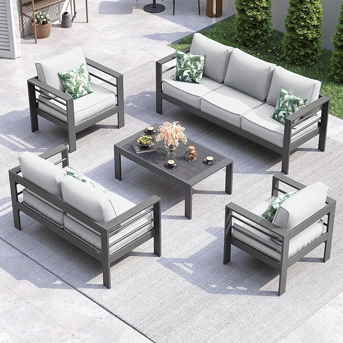 UDPATIO 8 Piece Aluminum Patio Furniture Set, Oversized Modern Outdoor Furniture Set with Olefin Fabric Cushion for Patio Deck Backyard, Grey(with Waterproof Covers)