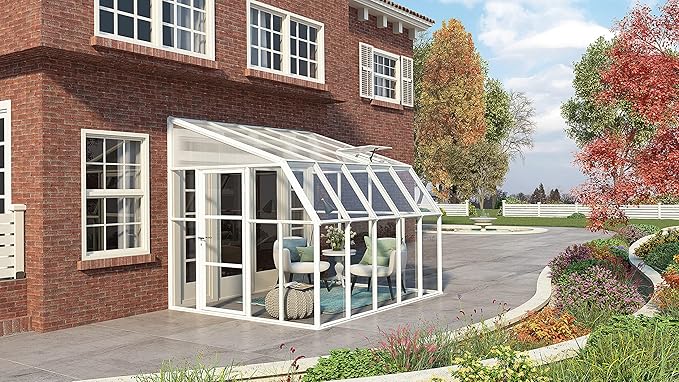 Palram Canopia Rion Sun Room 8 Ft. x 12 Ft. Solarium, Lean-To Greenhouse DIY Kit, Attach to House, Large Twin Wall Polycarbonate, 100% UV Protection For Porch, Patio Outdoors with Window Vent (White)