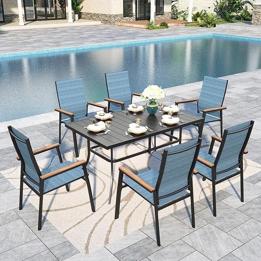 Sophia & William Outdoor Dining Set 7 Pieces, 6 Aluminum Stackable Chair for Space-Saving and 59" x 35" Patio Dining Table, Easy to Move for Outdoor Garden Lawn (Blue)