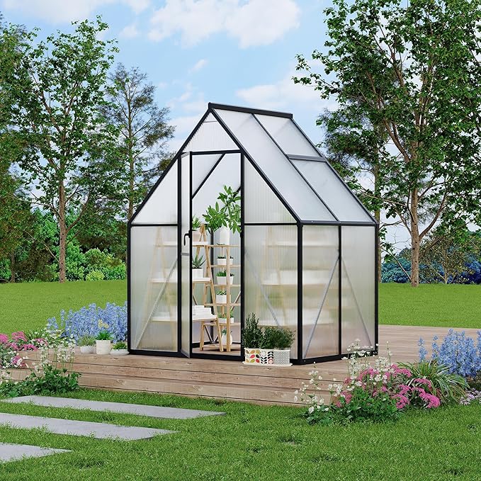 Polycarbonate Greenhouse for Outdoors, Large Walk-InGreenhouse with Quick Setup Structure and Roof Vent, Greenhouse with Ventilation