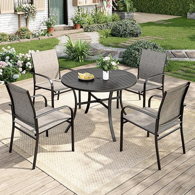 Patio Table and Chairs Set for 4, 5 Pieces Outdoor Dining Set, 4 Brown Textilene Chairs and 42" Metal Round Table with Umbrella Hole, for Deck Garden Backyard Lawn Poolside