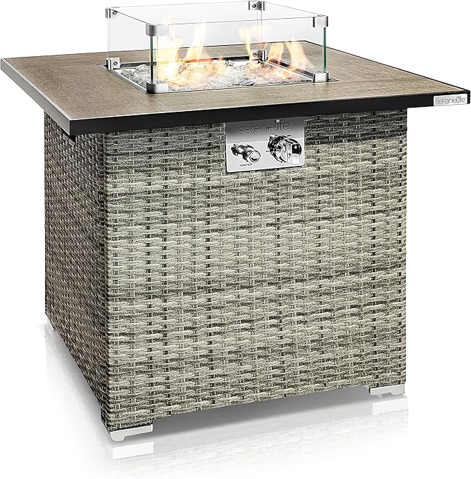 SereneLife 30” Outdoor Gas Fire Pit Table, 50,000 BTU Square Propane Firepit with Tile Top, Glass Rocks, Wind Guard, Weather-Resistant Wicker Base, Stainless Steel Burner, CSA Certified