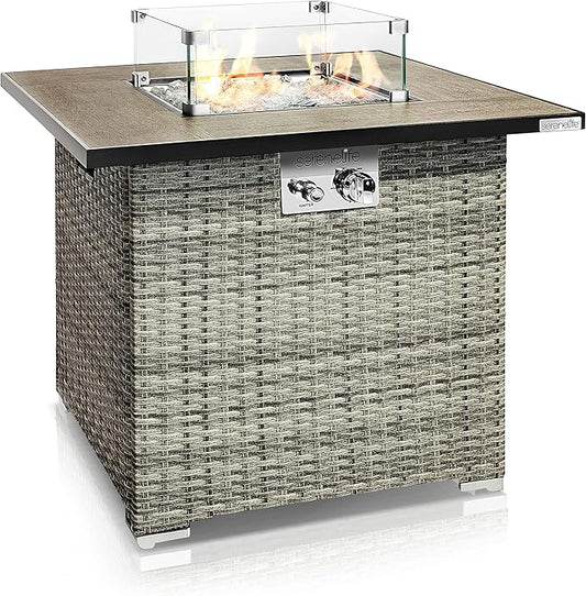 SereneLife 30” Outdoor Gas Fire Pit Table, 50,000 BTU Square Propane Firepit with Tile Top, Glass Rocks, Wind Guard, Weather-Resistant Wicker Base, Stainless Steel Burner, CSA Certified