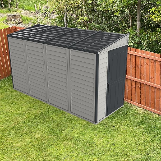 Duramax SideMate 4x10 FT PVC Resin Outdoor Garden Lean-to Storage Shed with Foundation Kit – All-Weather Vinyl Storage, Heavy-Duty Construction, Maintenance-Free, Adobe with Gray Trim