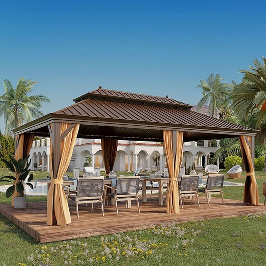 GAZEBEST 12' X 20' Hardtop Gazebo, Outdoor Galvanized Steel Double Roof Permanent Aluminum Frame Pavilion Pergola Canopy with Privacy Curtains for Garden, Patio, Backyard, Deck and Lawns.