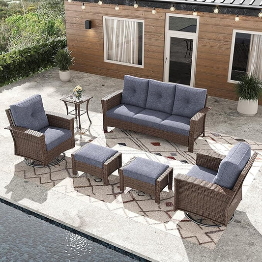 6 Pieces Outdoor Patio Furniture Set, Wicker Patio Sectional Set Conversation Wicker Swivel Chairs with Small Side Table