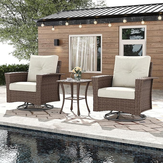 3 Pieces Outdoor Patio Furniture Set, Wicker Patio Sectional Set Conversation Wicker Swivel Chairs with Small Side Table