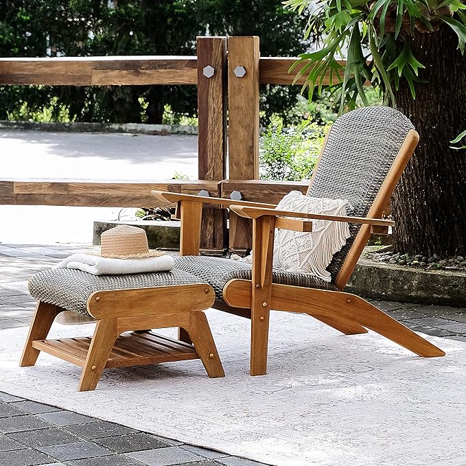 Cambridge Casual Auburn Teak Wood Padded Woven Seat Patio Lounge Conversation Set, Adirondack Chair + Ottoman