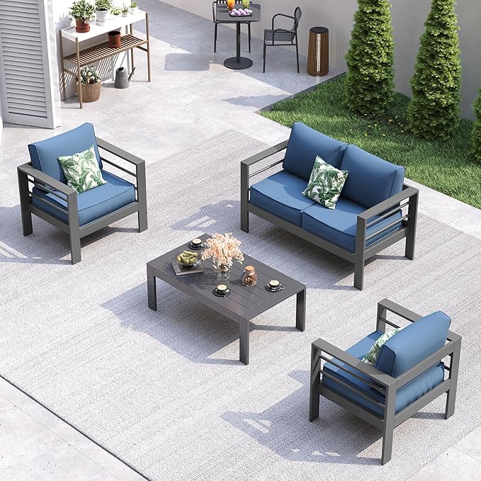 UDPATIO 4 Piece Patio Furniture Set Aluminum Outdoor Furniture Modern Patio Set, Thickness 5" Cushion Outdoor Seating Set for Balcony(Include Sofa Cover)