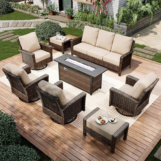 8-Piece Wicker Patio Furniture Set with Swivel Chairs, High Back Outdoor Furniture with Fire 57'' Pit Table and Ottoman, All-Weather Wicker Patio Conversation Set for Deck Yard Pool, Beige
