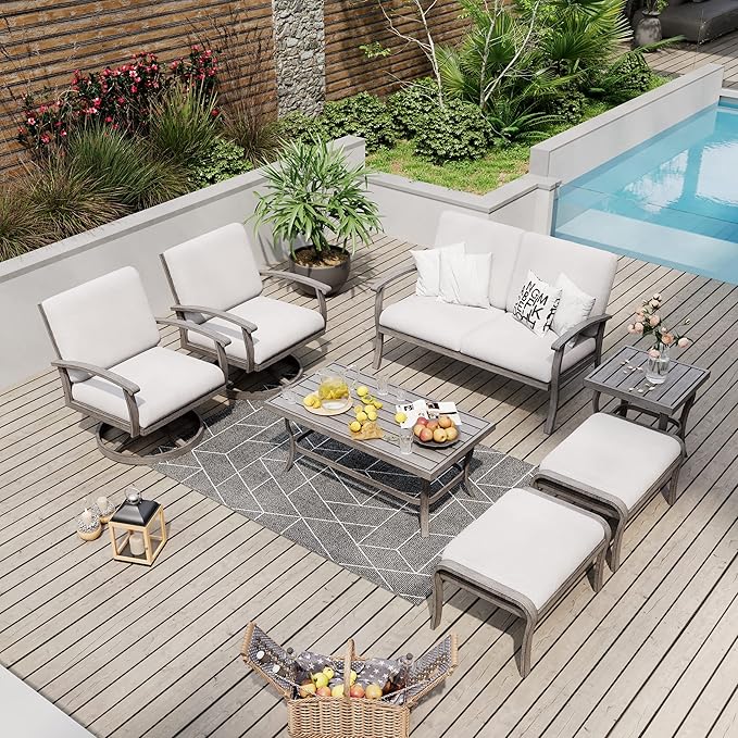 HAPPATIO 7 Piece Aluminum Patio Furniture Set, Outdoor Swivel Armchair with Loveseat, All-Weather Outdoor Sectional Sofa with Side Table and Coffee Table, Garden Conversation Set for Lawn(Gray)