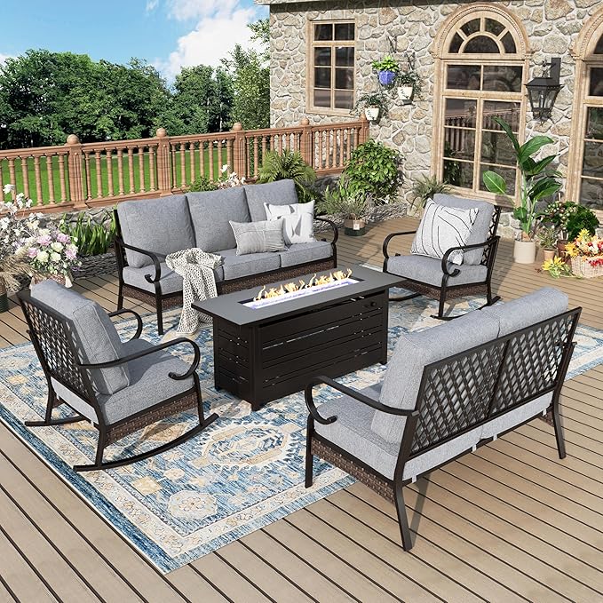 Patio Furniture Set with Firepit Table, Black Frame Outdoor Conversation Set with 2 x Rocking Chairs, 1 x 2-Seat Sofa, 1 x 3-Seat Sofa for Lawn Garden Backyard, Grey