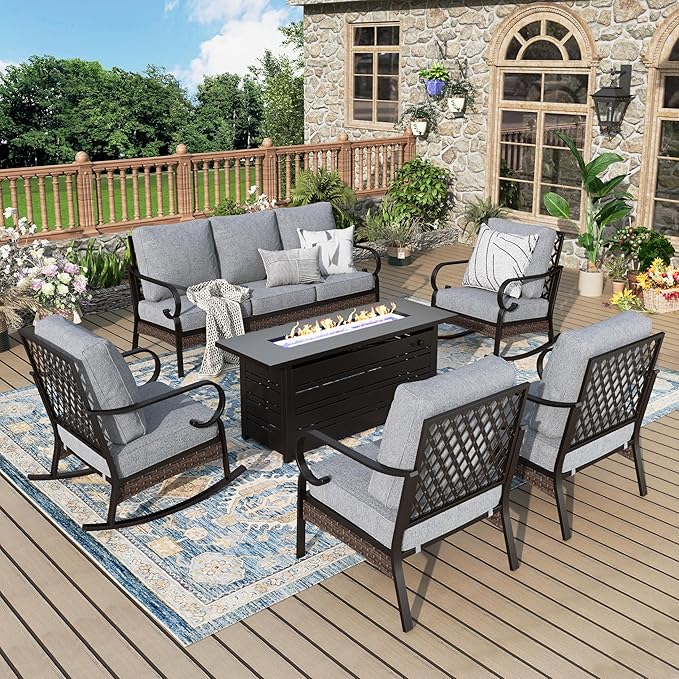 Patio Furniture Set with Firepit Table, Black Frame Outdoor Conversation Set with 2 x Fixed Chairs, 2 x Rocking Chairs, 1 x 3-Seat Sofa for Lawn Garden Backyard, Grey