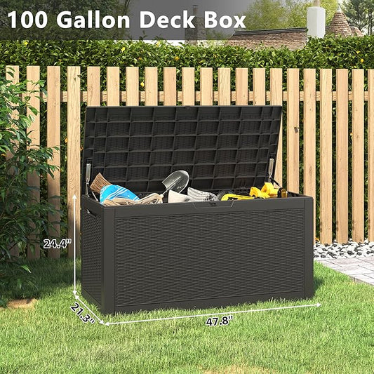 Outdoor Storage Box, Resin Deck Boxes Outdoor Waterproof For Patio Furniture, Garden Tools, Pool Supplies, Durable And UV Resistant, Lockable (100 Gallon, Black)