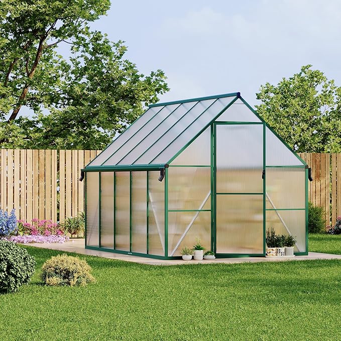 Polycarbonate Greenhouse for Outdoors, Large Walk-InGreenhouse with Quick Setup Structure and Roof Vent, Greenhouse with Ventilation