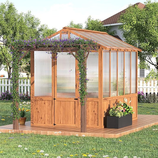 8x13FT Greenhouse Kit with Pergola, Wooden Greenhouse with Cedar Frame, Outdoor Wood Greenhouses with Roof Vent, Wood and Polycarbonate Walk-in Greenhouses