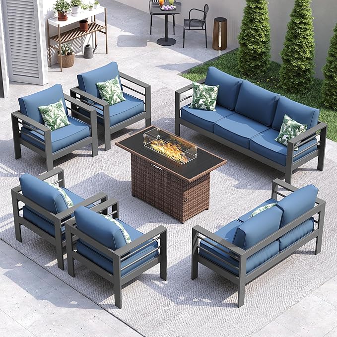 UDPATIO 10 Piece Aluminum Patio Furniture Set with Wicker Fire Pit Table,Mordern Outdoor Furniture Set with Water-Proof Cover Included, Dark Grey/Navy
