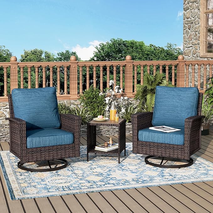 Outdoor Swivel Patio Chairs Set of 2 with Side Table, 3 Piece Wicker Highback Patio Bistro Set with Cushions for Deck Porch and Yard, Peacock Blue