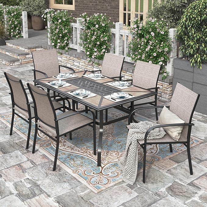 HERA'S HOUSE Patio Dining Table with Umbrella Hole for 6, Rectangle Outdoor Metal Table for Lawn Garden Backyard
