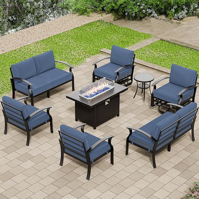 Aluminum Patio Furniture Set with Fire Pit Table, 8 Seats Outdoor Patio Conversation Sets with Swivel Chair Modern Metal Patio Sectional Sofa with Upgrade Cushions for Patio, Backyard Navy