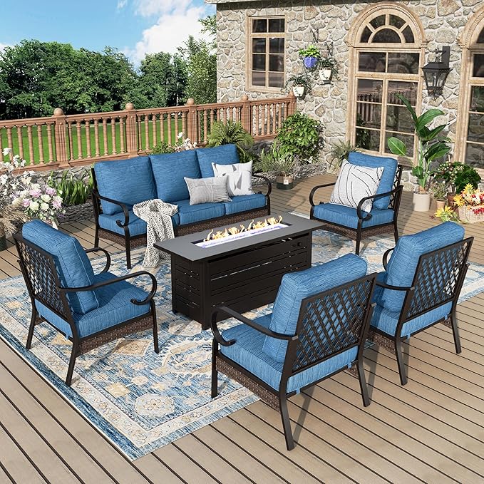 Patio Furniture Set with Firepit Table, Black Frame Outdoor Conversation Set with 4 x Fixed Chairs, 1 x 3-Seat Sofa for Lawn Garden Backyard, Pacific Blue