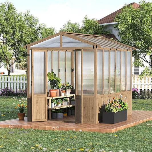 8x10FT Wooden Greenhouse with Cedar Frame, Outdoor Wood Greenhouses with Roof Vent, Wood and Polycarbonate Walk-in Greenhouse